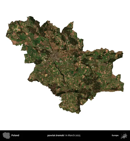 powiat sremski. Polonya idari bölgesi, Mart 2025 'te çekilen Kopernik Nöbetçi karolarından oluşan bir uydu görüntüsü üzerinde beyaza izole edildi.