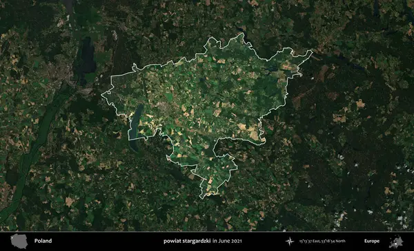 powiat stargardzki. Polonya 'nın idari alanı, Haziran 2021' de çekilen Kopernik Nöbetçi karolarından oluşan koyu renkli bir uydu görüntüsüyle vurgulandı ve özetlendi