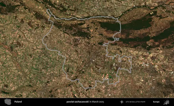 powiat sochaczewski. Polonya 'nın idari bölgesinin ana hatları, Mart 2025' te çekilen Kopernik Nöbetçi karolarından oluşan bir uydu görüntüsü üzerine çizildi.