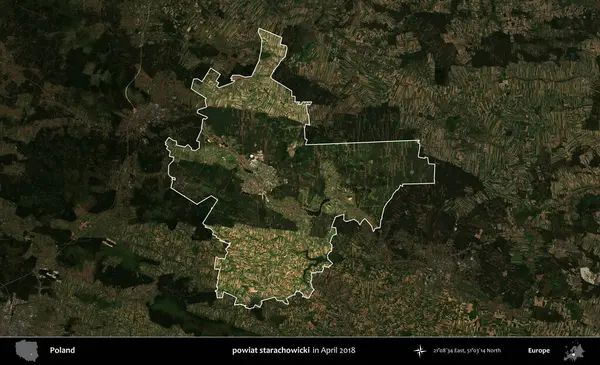powiat starachowicki. Polonya 'nın idari alanı, Nisan 2018' de çekilen Kopernik Nöbetçi karolarından oluşan koyu renkli bir uydu görüntüsü üzerine vurgulandı ve özetlendi