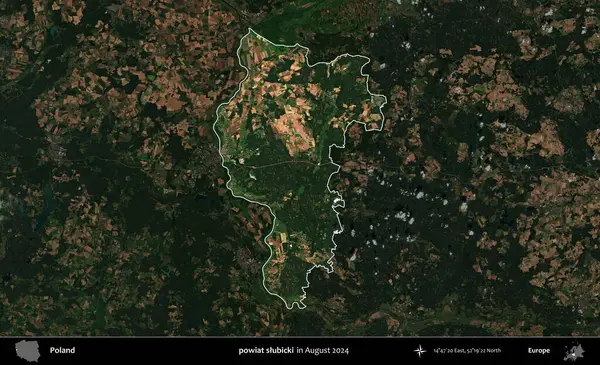 powiat slubicki. Polonya 'nın idari alanı, Ağustos 2024' te çekilen Kopernik Nöbetçi karolarından oluşan koyu renkli bir uydu görüntüsü üzerine vurgulandı ve özetlendi.