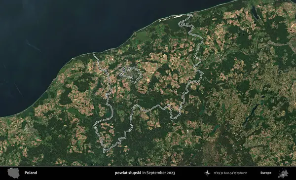 Powiat Slumpski. Eylül 2023 'te çekilen Copernicus Sentinel karolarından oluşan bir uydu görüntüsü üzerine Polonya' nın idari bölgesinin ana hatlarını belirledik.