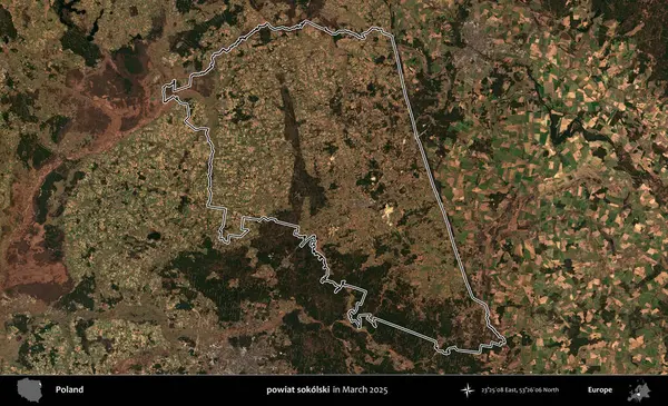 powiat sokolski. Polonya 'nın idari bölgesinin ana hatları, Mart 2025' te çekilen Kopernik Nöbetçi karolarından oluşan bir uydu görüntüsü üzerine çizildi.