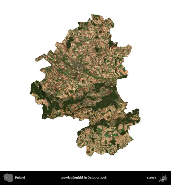 powiat sredzki. Polonya idari bölgesi, Ekim 2018 'de çekilen Kopernik Nöbetçi karolarından oluşan bir uydu görüntüsü üzerinde beyaza izole edildi.