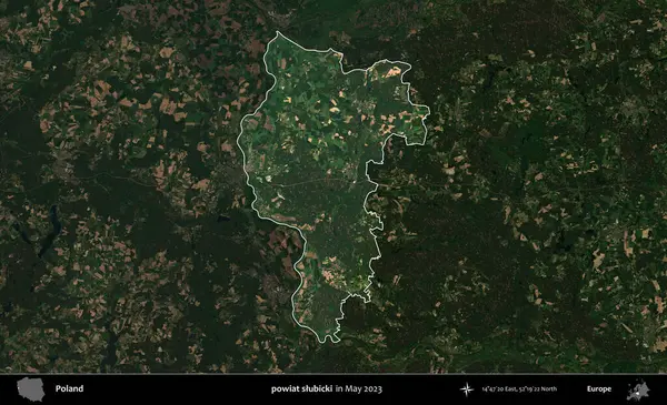 powiat slubicki. Polonya 'nın idari alanı, Mayıs 2023' te çekilen Kopernik Nöbetçi karolarından oluşan koyu renkli bir uydu görüntüsü üzerinde vurgulandı ve özetlendi.