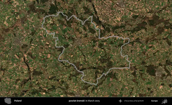 powiat sremski. Polonya 'nın idari bölgesinin ana hatları, Mart 2025' te çekilen Kopernik Nöbetçi karolarından oluşan bir uydu görüntüsü üzerine çizildi.