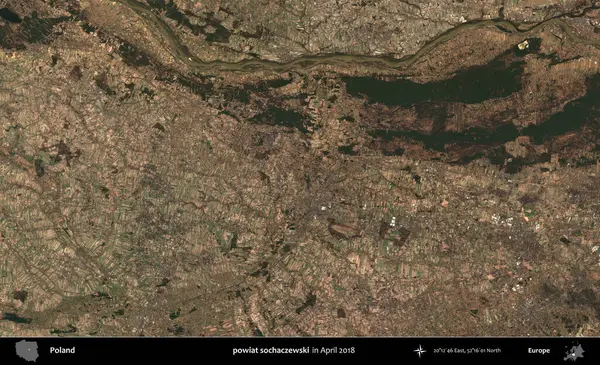 powiat sochaczewski. Nisan 2018 'de çekilen Kopernik Sentinel karolarından oluşan bir uydu görüntüsü üzerine Polonya' nın idari bölgesi
