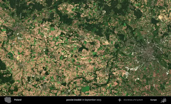 powiat sredzki. Eylül 2023 'te Copernicus Sentinel karolarından oluşan uydu görüntüsü üzerine Polonya' nın idari bölgesi