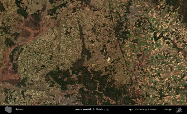 powiat sokolski. Copernicus Sentinel 'in Mart 2025' te çekilmiş uydu görüntüsü üzerine Polonya 'nın idari bölgesi