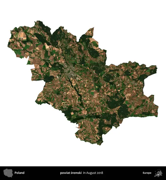 powiat sremski. Polonya idari bölgesi, Ağustos 2018 'de çekilen Kopernik Nöbetçi karolarından oluşan bir uydu görüntüsü üzerinde beyaza izole edildi.