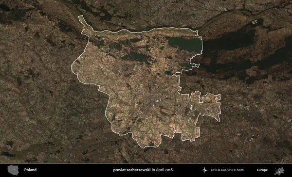 powiat sochaczewski. Polonya 'nın idari alanı, Nisan 2018' de çekilen Kopernik Nöbetçi karolarından oluşan koyu renkli bir uydu görüntüsü üzerine vurgulandı ve özetlendi