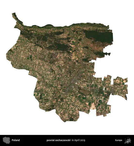 powiat sochaczewski. Polonya idari bölgesi, Nisan 2019 'da çekilen Kopernik Nöbetçi karolarından oluşan bir uydu görüntüsü üzerinde beyaza izole edildi.
