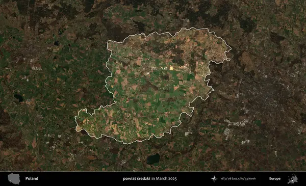 powiat sredzki. Polonya 'nın idari alanı, Mart 2025' te çekilen Kopernik Nöbetçi karolarından oluşan koyu renkli bir uydu görüntüsü üzerine vurgulandı ve özetlendi