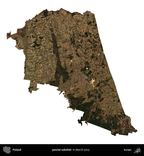 powiat sokolski. Polonya idari bölgesi, Mart 2025 'te çekilen Kopernik Nöbetçi karolarından oluşan bir uydu görüntüsü üzerinde beyaza izole edildi.