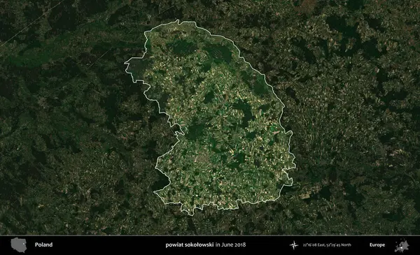powiat sokolowski. Polonya 'nın idari alanı, Haziran 2018' de çekilen Kopernik Nöbetçi karolarından oluşan koyu renkli bir uydu görüntüsüyle vurgulandı ve özetlendi