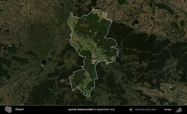 powiat stalowowolski. Polonya 'nın idari alanı, Eylül 2023' te çekilen Kopernik Nöbetçi karolarından oluşan koyu renkli bir uydu görüntüsü üzerine vurgulandı ve özetlendi.