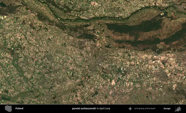 powiat sochaczewski. Nisan 2019 'da çekilen Kopernik Sentinel karolarından oluşan bir uydu görüntüsü üzerine Polonya' nın idari bölgesi