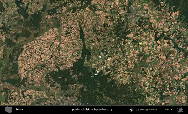powiat sokolski. Eylül 2024 'te çekilen Kopernik Sentinel karolarından oluşan uydu görüntüsü üzerine Polonya' nın idari bölgesi