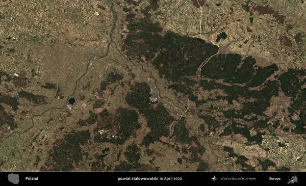 powiat stalowowolski. Nisan 2020 'de Copernicus Sentinel karolarından oluşan bir uydu görüntüsü üzerine Polonya' nın idari bölgesi