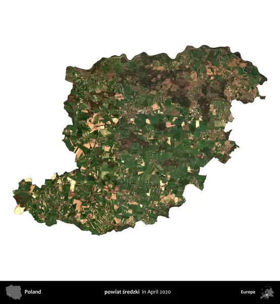 powiat sredzki. Polonya idari bölgesi, Nisan 2020 'de çekilen Kopernik Nöbetçi karolarından oluşan bir uydu görüntüsü üzerinde beyaza izole edildi.