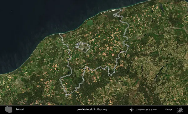Powiat Slumpski. Polonya 'nın idari bölgesini Mayıs 2023' te çekilen Kopernik Nöbetçi karolarından oluşan bir uydu görüntüsüne göre özetledik.
