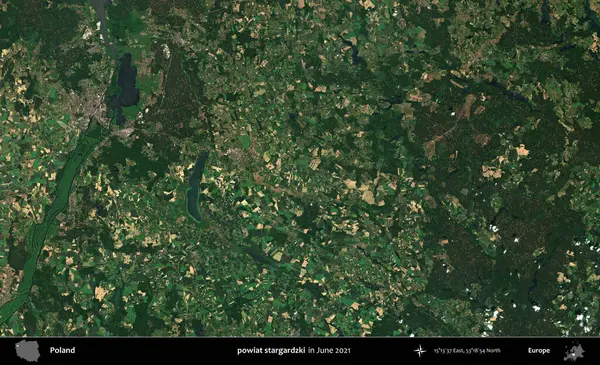 powiat stargardzki. Copernicus Sentinel 'in Haziran 2021' de çekilmiş uydu görüntüsü üzerine Polonya 'nın idari bölgesi