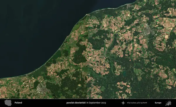 powiat slawienski. Eylül 2023 'te Copernicus Sentinel karolarından oluşan uydu görüntüsü üzerine Polonya' nın idari bölgesi