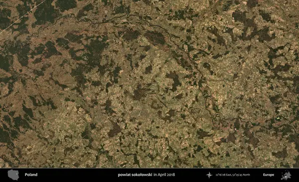 powiat sokolowski. Nisan 2018 'de çekilen Kopernik Sentinel karolarından oluşan bir uydu görüntüsü üzerine Polonya' nın idari bölgesi