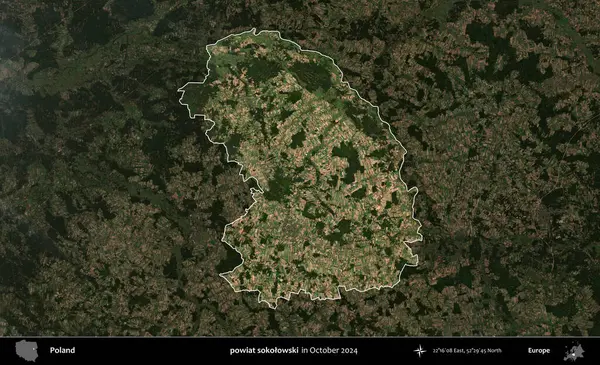 powiat sokolowski. Polonya 'nın idari alanı, Ekim 2024' te çekilen Kopernik Nöbetçi karolarından oluşan koyu renkli bir uydu görüntüsü üzerine vurgulandı ve özetlendi