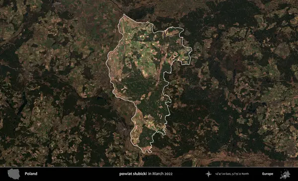 powiat slubicki. Polonya 'nın idari alanı, Mart 2022' de çekilen Kopernik Nöbetçi karolarından oluşan koyu renkli bir uydu görüntüsü üzerine vurgulandı ve özetlendi.