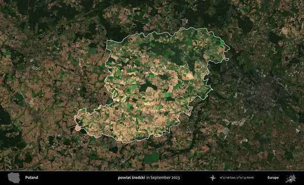 powiat sredzki. Polonya 'nın idari alanı, Eylül 2023' te çekilen Kopernik Nöbetçi karolarından oluşan koyu renkli bir uydu görüntüsü üzerine vurgulandı ve özetlendi.