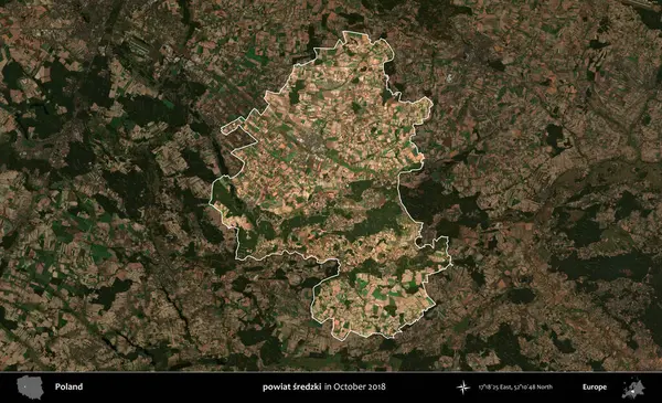 powiat sredzki. Polonya 'nın idari alanı, Ekim 2018' de çekilen Kopernik Nöbetçi karolarından oluşan koyu renkli bir uydu görüntüsü üzerine vurgulandı ve özetlendi