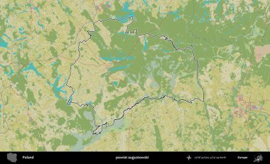 Augustowski İlçesi. Polonya 'nın idari alanı bir OpenStreetMap İnsani Harita stil haritasında özetlendi