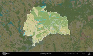 Augustowski İlçesi. Polonya 'nın idari alanı karanlık bir OpenStreetMap İnsani Haritası' na vurgulandı ve özetlendi
