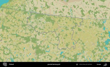 Bartoszycki İlçesi. Polonya 'nın idari alanı bir OpenStreetMap İnsani Harita stil haritasında özetlendi