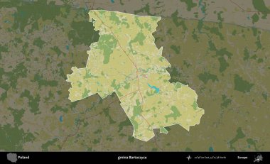 Bartoszyce Komünü. Polonya 'nın idari alanı karanlık bir OpenStreetMap İnsani Haritası' na vurgulandı ve özetlendi
