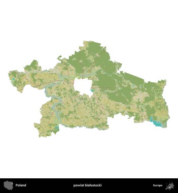 Bialostocki İlçesi. Polonya idari bölgesi bir OpenStreetMap İnsani Haritası haritasında beyaza izole edildi