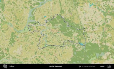 Bialostocki İlçesi. Polonya 'nın idari alanı bir OpenStreetMap İnsani Harita stil haritasında özetlendi