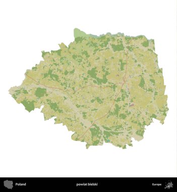 Bielski İlçesi. Polonya idari bölgesi bir OpenStreetMap İnsani Haritası haritasında beyaza izole edildi