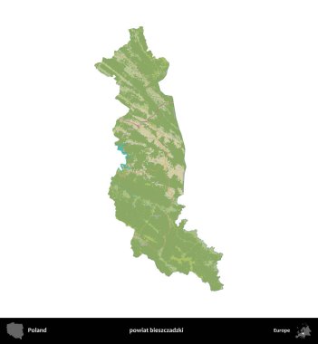 Bieszczadzki İlçesi. Polonya idari bölgesi bir OpenStreetMap İnsani Haritası haritasında beyaza izole edildi