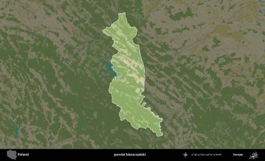 Bieszczadzki İlçesi. Polonya 'nın idari alanı karanlık bir OpenStreetMap İnsani Haritası' na vurgulandı ve özetlendi