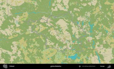 Bobolice Komünü. Polonya 'nın idari alanı bir OpenStreetMap İnsani Harita stil haritasında özetlendi