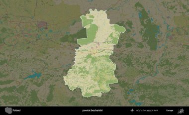 Bochenski İlçesi. Polonya 'nın idari alanı karanlık bir OpenStreetMap İnsani Haritası' na vurgulandı ve özetlendi