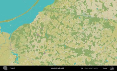 Braniewski İlçesi. Bir OpenStreetMap İnsani Haritası üzerinde Polonya 'nın idari alanı