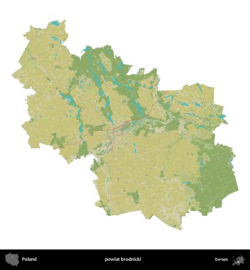 Brodnicki İlçesi. Polonya idari bölgesi bir OpenStreetMap İnsani Haritası haritasında beyaza izole edildi