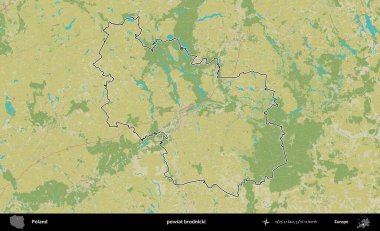 Brodnicki İlçesi. Polonya 'nın idari alanı bir OpenStreetMap İnsani Harita stil haritasında özetlendi