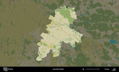 Brzeski İlçesi. Polonya 'nın idari alanı karanlık bir OpenStreetMap İnsani Haritası' na vurgulandı ve özetlendi