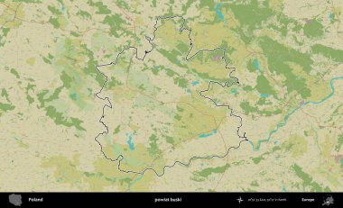 Buski Bölgesi. Polonya 'nın idari alanı bir OpenStreetMap İnsani Harita stil haritasında özetlendi