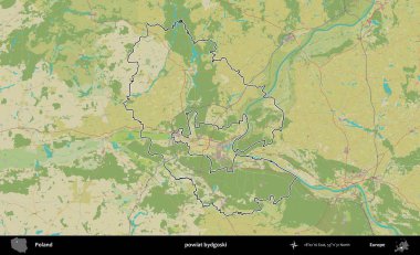 Bydgoski İlçesi. Polonya 'nın idari alanı bir OpenStreetMap İnsani Harita stil haritasında özetlendi