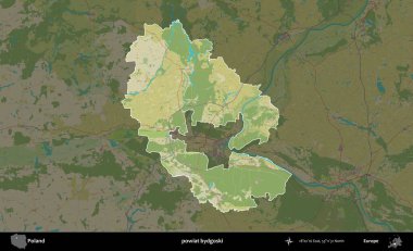 Bydgoski İlçesi. Polonya 'nın idari alanı karanlık bir OpenStreetMap İnsani Haritası' na vurgulandı ve özetlendi